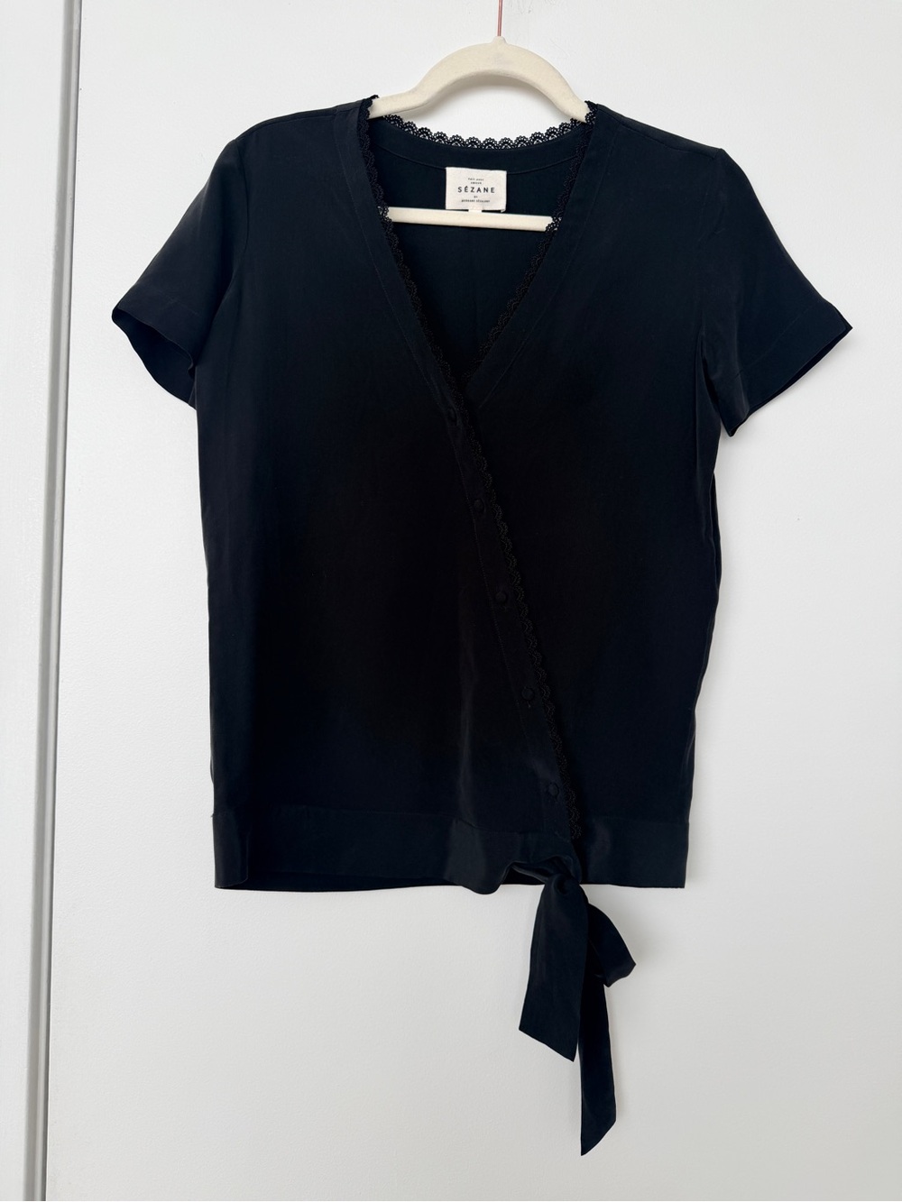Sezane Black Silk Short Sleeve Blouse Size 34